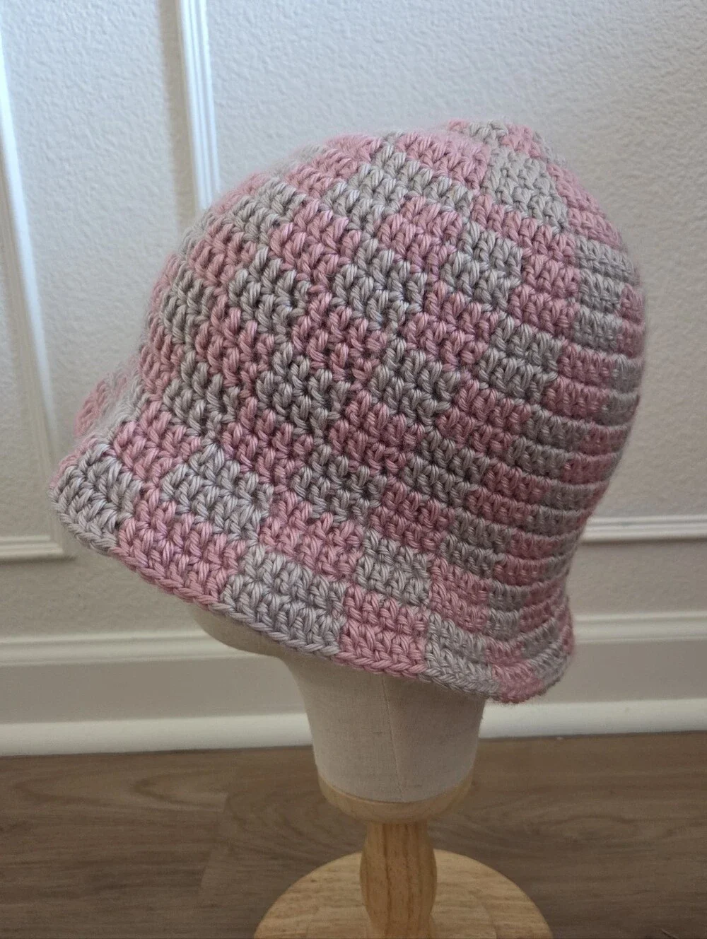 Handmade Crochet Checkered Bucket Hat OS Hipster Hippie Festival Cottage Boho